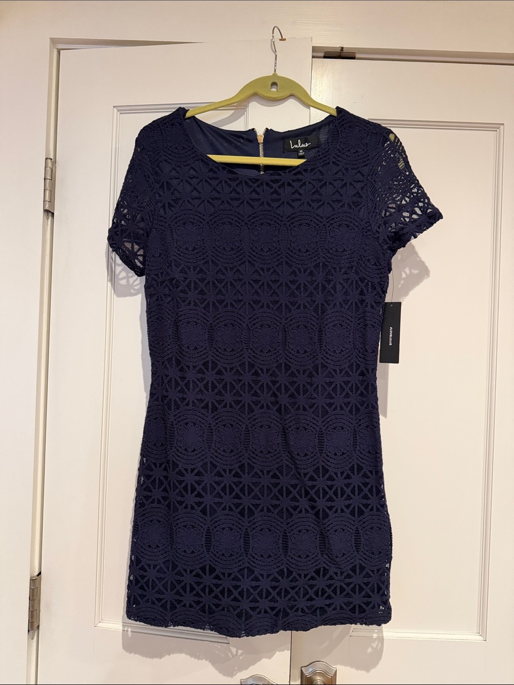 Lulu's Navy Crochet Short Sleeve Shift Dress with Geometric Lace